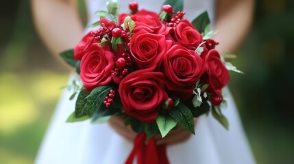 Obraz premium Professionally Crafted Red Rose Bouquet - A Realistic Display of Timeless Elegance.
