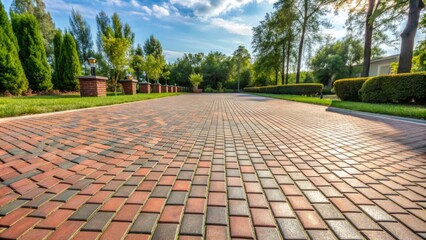 Empty floor in perspective view featuring manufactured paver brick floor, concrete or stone paving stones, ideal for road, path, driveway, and patio construction.