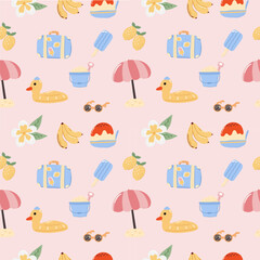 Fototapeta premium summer beach holiday seamless pattern on pink background