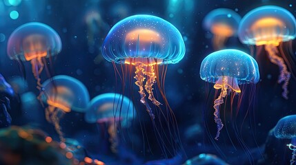 Naklejka premium A group of cartoon jellyfish with glowing tentacles, floating gracefully in a whimsical underwater scene.
