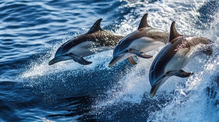 A group of playful dolphins swimming alongside a boat, creating splashes and waves in the ocean.