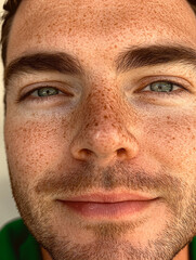 Fototapeta premium Close-up portrait of a freckled man with a serene expression promoting mental health awareness 