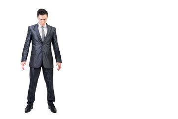 Serious man in elegant suit. White background.