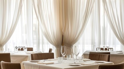 White curtains in a restaurant decorated in a minimalist style