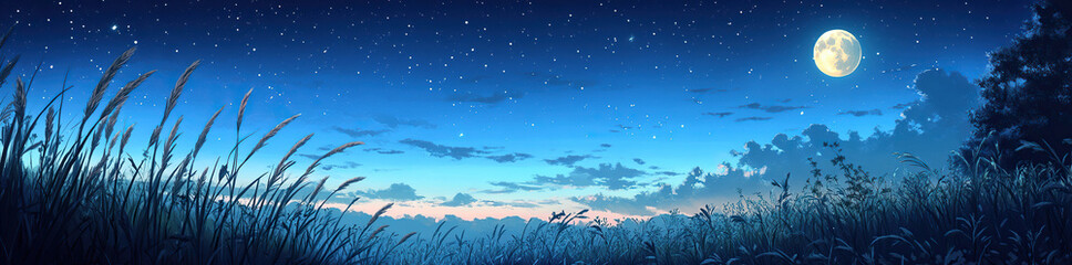 Naklejka premium Moonlight shining on tall grass