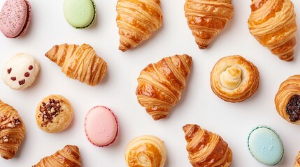 An assortment of delicious pastries including croissants and macarons, perfect for a sweet treat or brunch display.