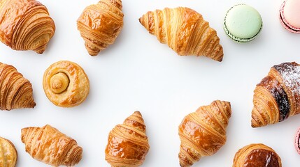 An appetizing assortment of freshly baked pastries, including croissants and macarons, beautifully arranged on a white background.