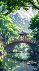 Naklejka premium traditional village style chinese art green bridge over river with green tree illustration poster background