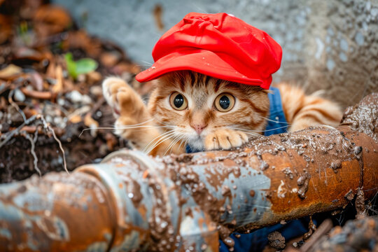 Cat Plumber in Dirt Fixing a Leaking Sewer Pipe