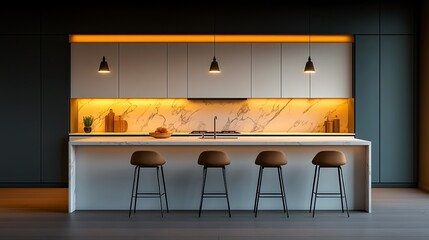 Modern kitchen with stylish cabinetry, ambient lighting, and elegant marble finishes, perfect for contemporary living spaces.