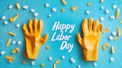 Fototapeta premium Festive Labor Day Celebration with Colorful Rubber Gloves and Confetti