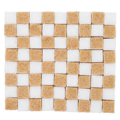 White and brown sugar cubes isolated on white background. Top view.