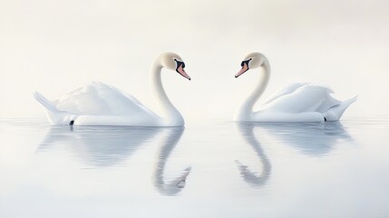 A pair of graceful swans gliding across a calm ocean inlet, their reflections mirrored in the still water.