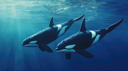 Fototapeta premium A pair of orcas swimming side by side in the open ocean, their black and white markings standing out against the blue water.