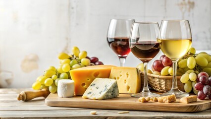 Various Types and Colors of Cheese with Grapes on Wooden Board, Accompanied by Glasses of Red and White Wine