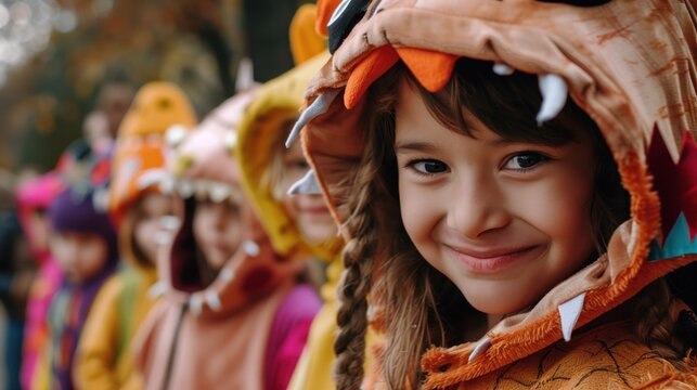 Child in Halloween costume. Mixed race Asian and Caucasian kids and parents trick or treat on street. Little boy and girl with pumpkin lantern and candy bucket. Baby in witch hat. Autumn holiday fun.