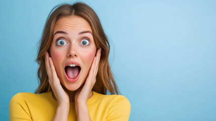 Close-up of a young woman with wide eyes and open mouth, expressing shock or amazement against a blue background.