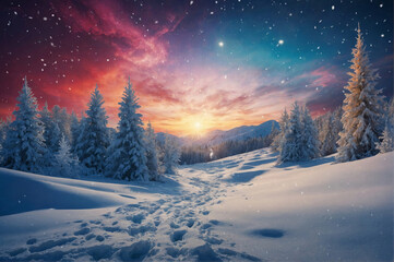 Fototapeta premium Mountain tops and snow-covered forests: a picturesque winter landscape high in the mountains, where nature is enveloped in a blanket of snow.