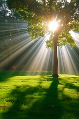 Sunlight streams through a tree offering a serene symbol of hope and divine presence in a peaceful landscape.