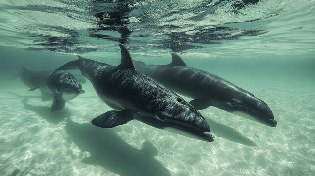 A pod of pilot whales swimming close to the shore, their sleek bodies cutting through the shallow water.