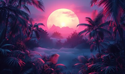 A retro-style neon-lit tropical background illustration, evoking a vibrant and nostalgic atmosphere.