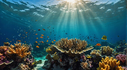 Underwater ocean world with fish and reefs