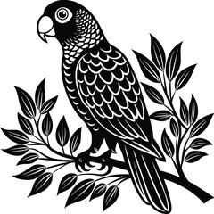 Parrot bird preached on a tree branched vector silhouette image 