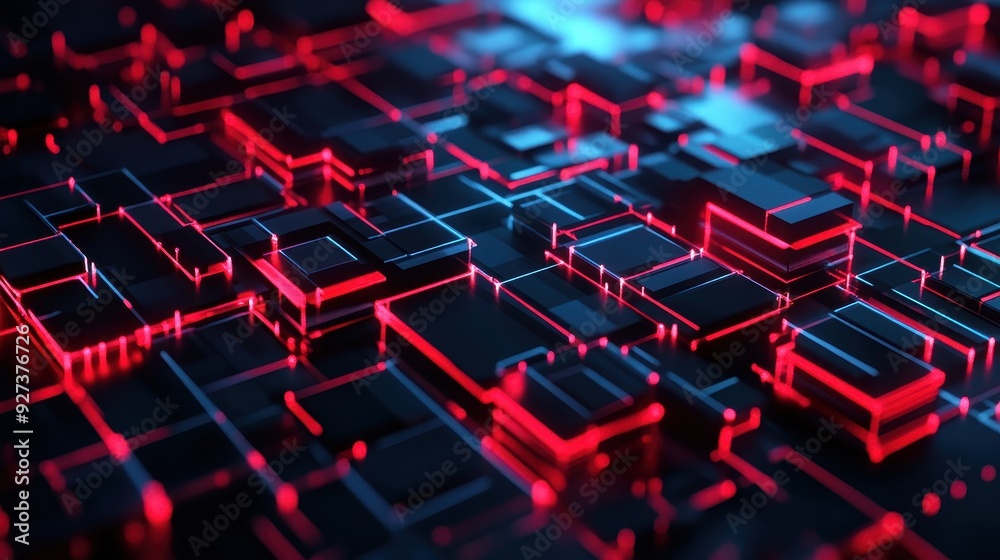 Poster futuristic digital background with glowing red and blue neon lights and geometric patterns, perfect 