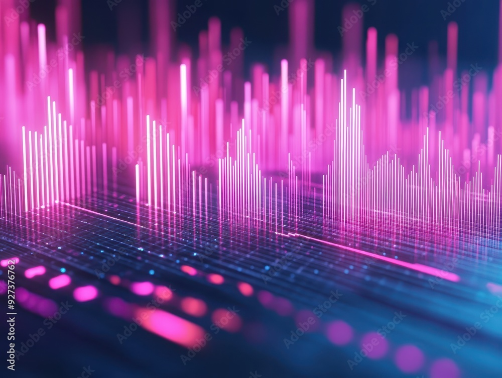Poster Futuristic digital data visualization with abstract glowing pink and blue bars representing technology, finance, and analytics.