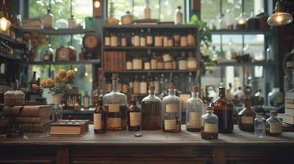 Vintage Apothecary Bottles and Counter