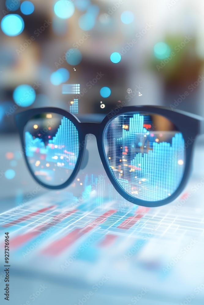 Aufkleber modern black-rimmed glasses reflecting digital data charts, symbolizing technology, innovation, and 