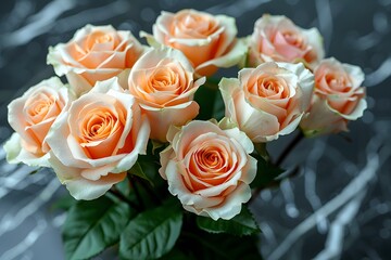 Obraz premium Elegant Peach Roses Bouquet on Marble Background for Floral Design, Cards, Posters, and Home Decor
