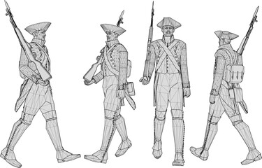Vector sketch illustration of the design of soldiers in royal era uniforms lining up to prepare for war holding rifles 