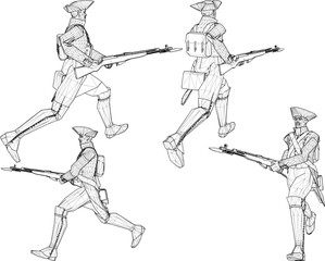 Fototapeta premium Vector sketch illustration design of soldiers in royal era uniforms running to war with rifles