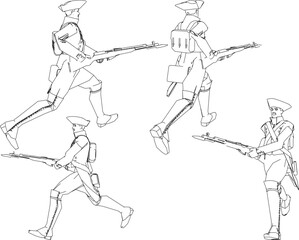 Vector sketch illustration design of soldiers in royal era uniforms running to war with rifles 