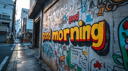 Naklejka premium A colorful street mural in an urban setting depicts the phrase Good morning in bold letters, surrounded by various vibrant graffiti, capturing the essence of urban street culture.