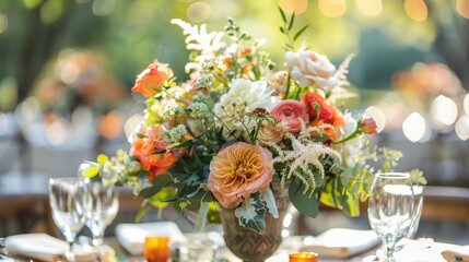 Centerpiece of flowers at outdoor wedding