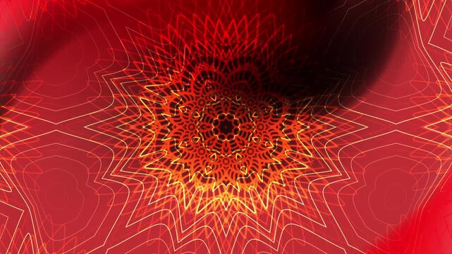 Abstract red and yellow pattern with swirling lines and geometric shapes.