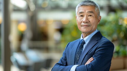 Obraz premium Portrait of happy mature Asian businessman standing with arms crossed.