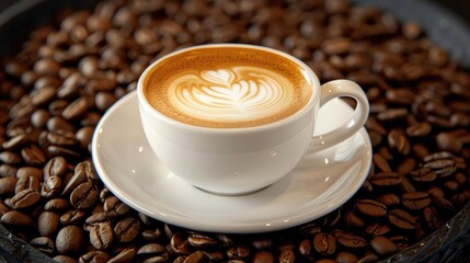 Obraz premium Cappuccino cup on coffee bean plate with roasted beans backdrop