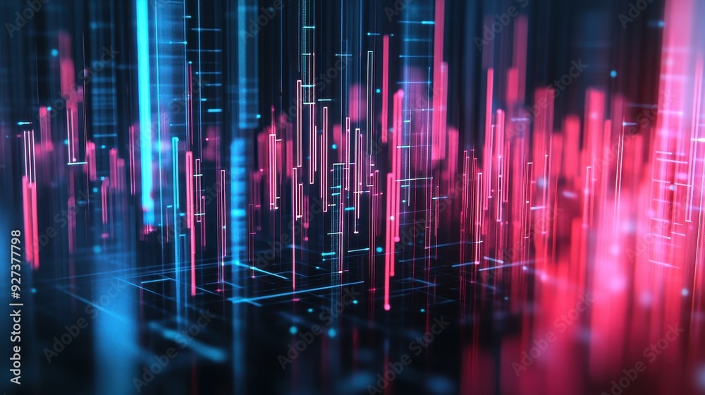 Aufkleber Abstract digital data visualization with red and blue bar graphs representing information, technology, and analysis on a dark background.