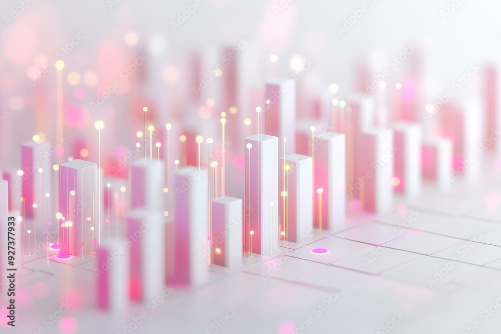 Aufkleber Abstract representation of data analysis with 3D bar charts and glowing particles, symbolizing modern technology and analytics.