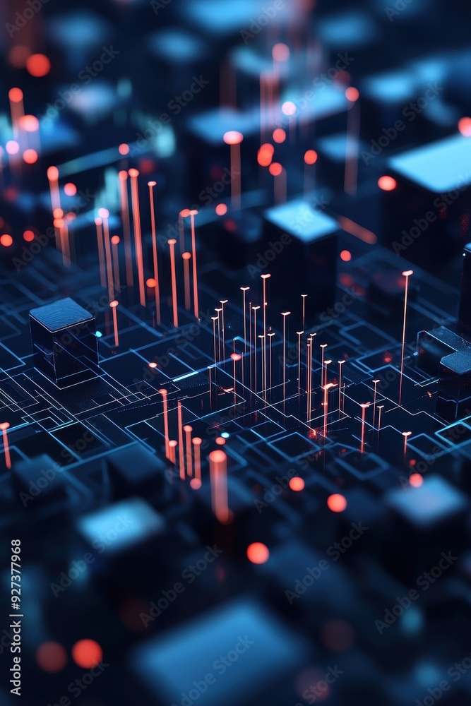 Leinwandbilder close-up of a futuristic circuit board with red and blue lights. technology and innovation concept. 