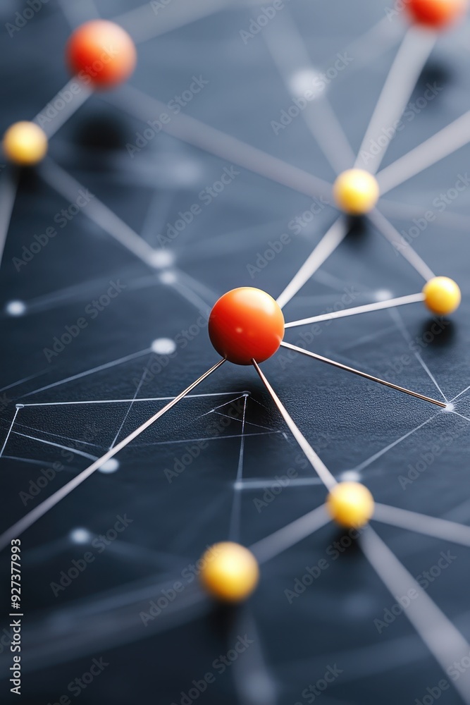 Fototapete Close-up of a molecular structure model with interconnected spheres representing atoms and bonds on a sleek black background.