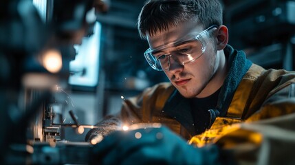 A young man wearing safety glasses and work clothes, welding metal sparks.