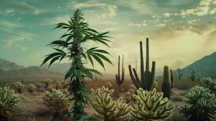 Cannabis plant set against a striking cactus backdrop