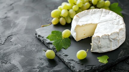 Camembert cheese and white grapes on dark stone cutting board