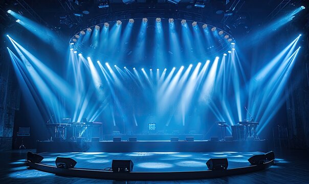A live stage production with circular light truss and stage rigging equipment, set in a DJ electronic music venue.