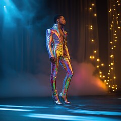 Fashion Model in Multicolored Metallic Outfit on Stage
