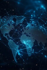 Fototapeta premium Digital map of the world with blue light connections, global connectivity and technology. Dark background, glowing lines connecting continents. 